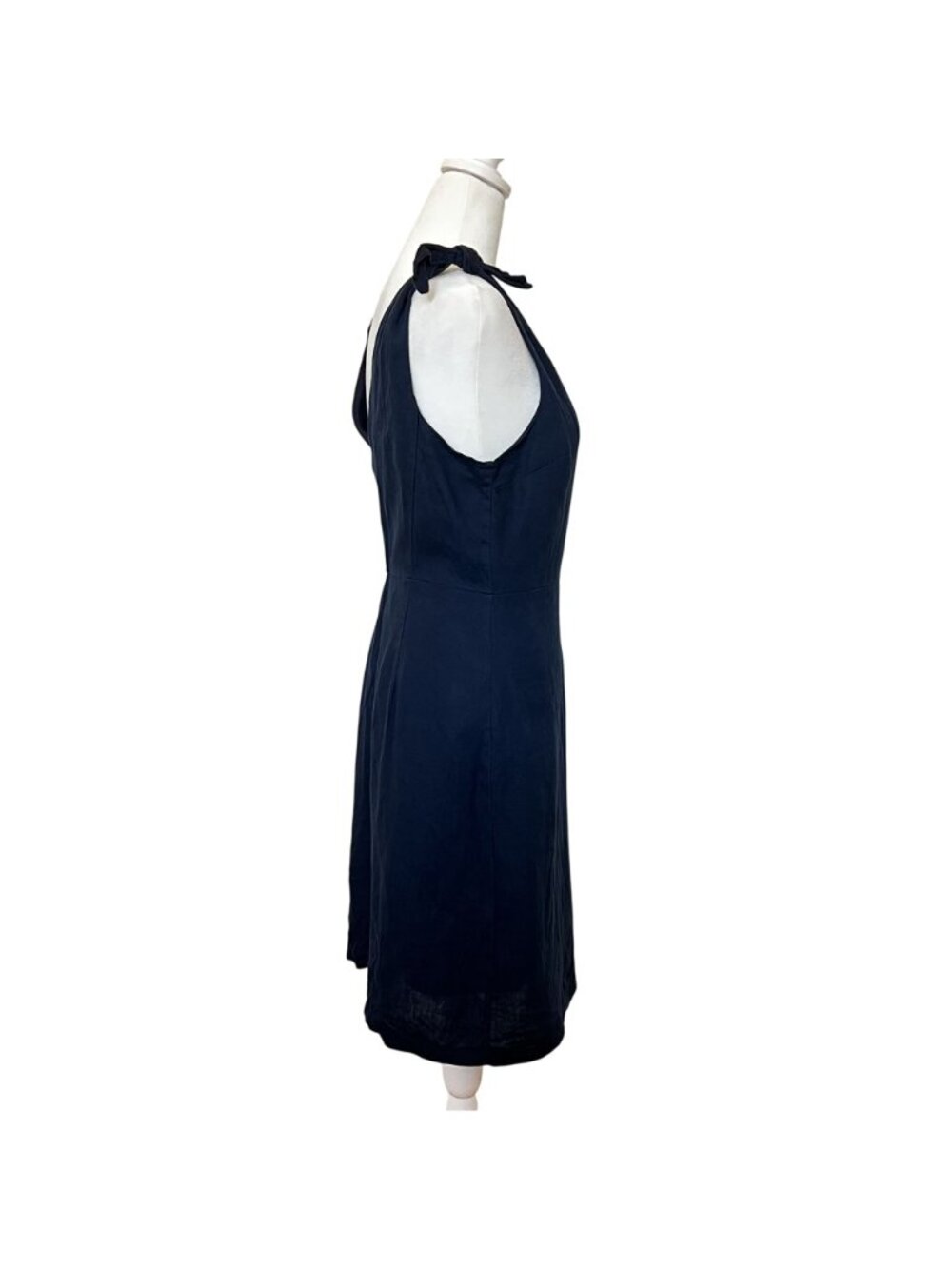 Gap Navy Linen Midi Dress Tie Shoulder Deep V Preppy Coastal Resort - Picture 3 of 11